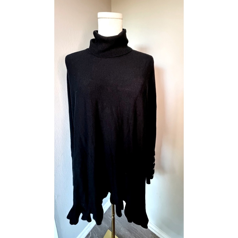 Alfani Black Turtleneck Poncho Sweater M Asymmetrical Hem Snap Cuffs